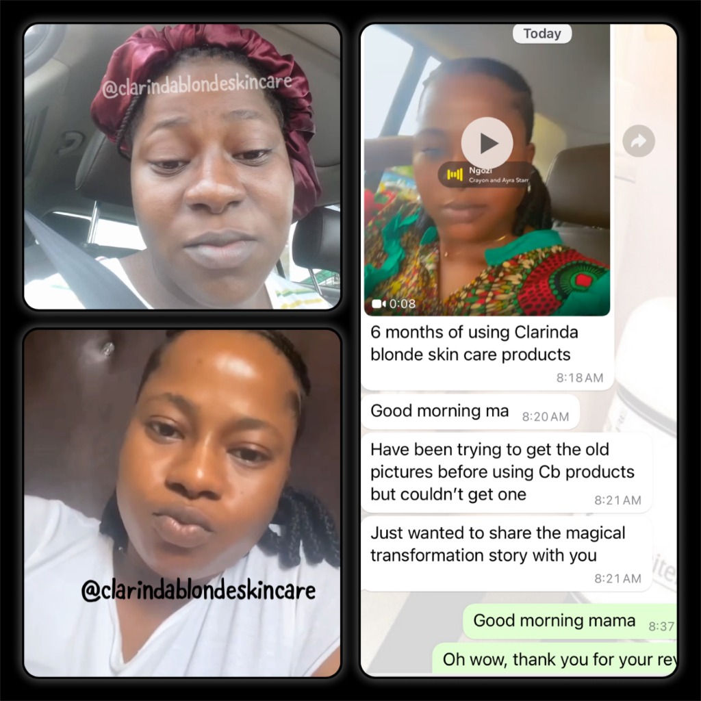 Customer WhatsApp message and video review for 6 months using Clarinda Blonde skincare